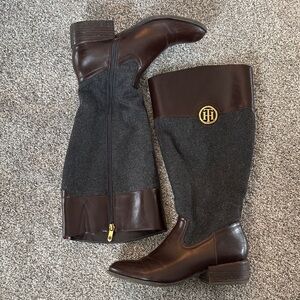 Tommy Hilfiger Brown Leather & Charcoal Tall Riding Boots with Gold Logo